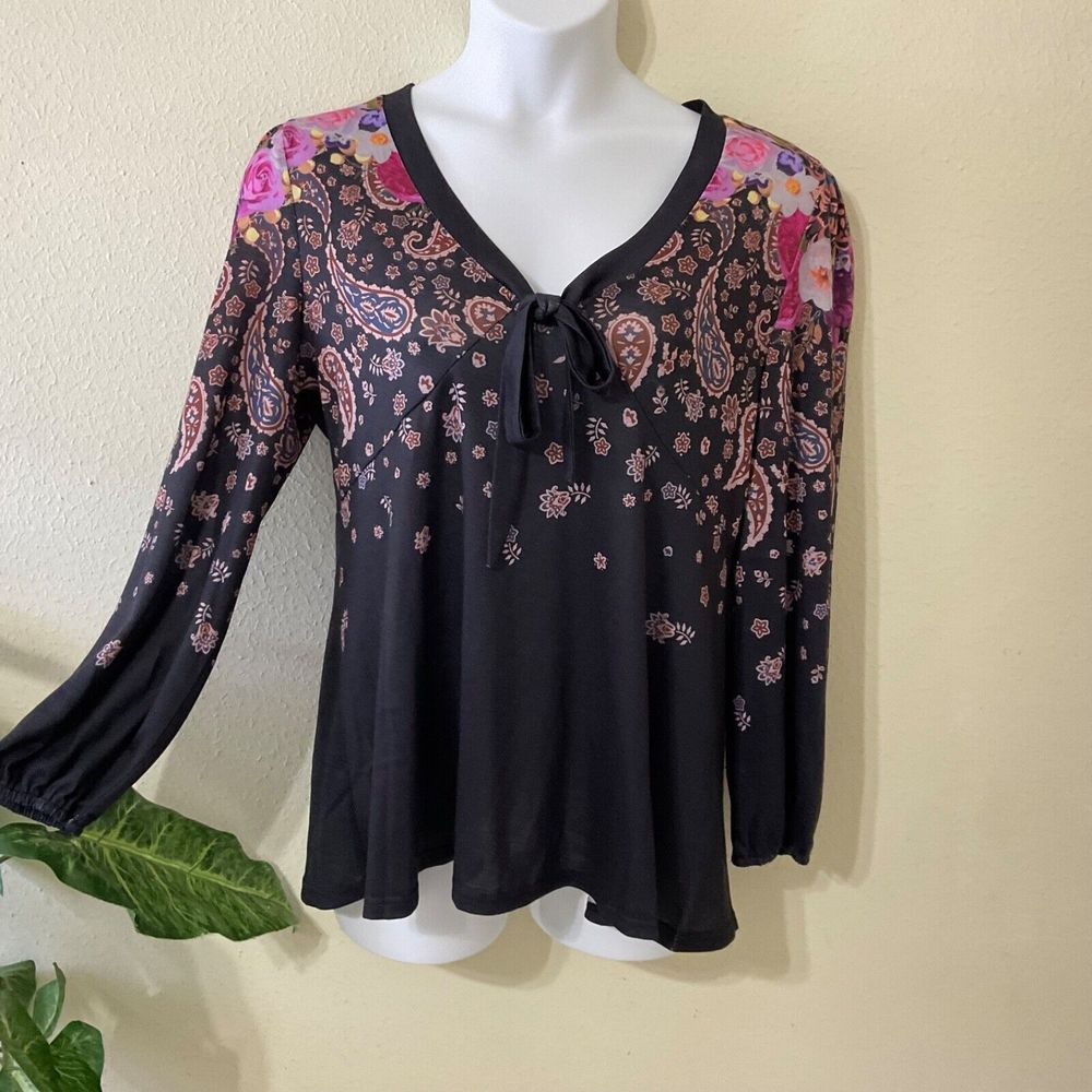 Suzanne Betro Black V-Neck Sweater with Pink Floral Paisley Accents
